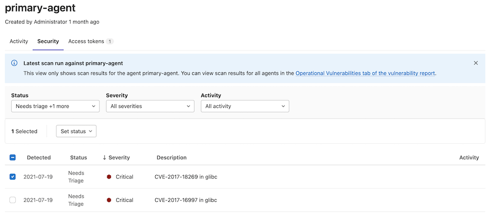 Cluster Agent security tab UI